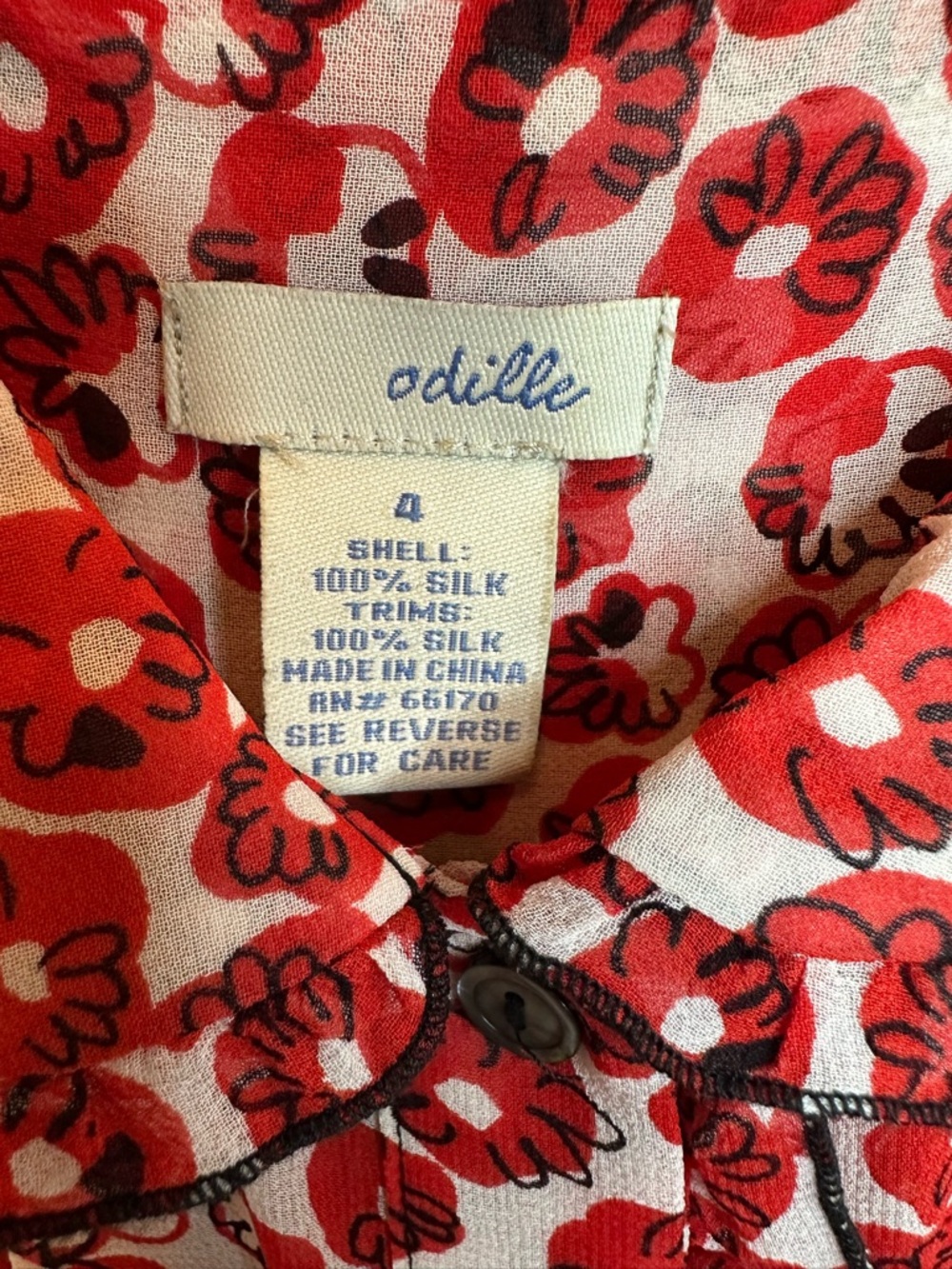Odille Red Floral Cap Sleeve Blouse with Black Trim, size 4, 100% Silk pre loved - Picture 3 of 10